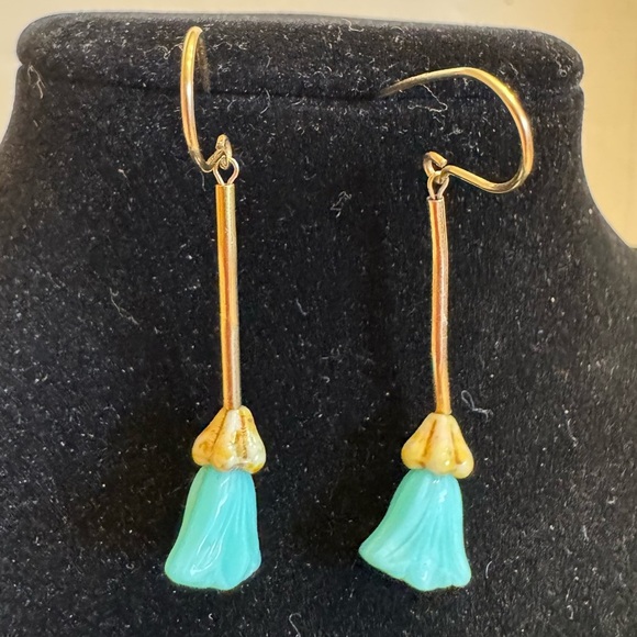 Natural Turquoise Tulip Dangle Earrings 14K Yellow Gold Filled - Picture 9 of 15